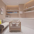 Modern Public Office Space Featuring Circular Shelves White Desk Plant Logo And Pendant Lights