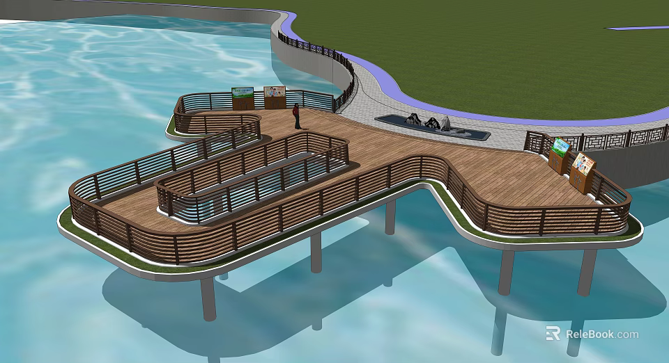 Road Infrastructure Featuring Wooden Walkway Railings And Waterfront Green Space 3d model 