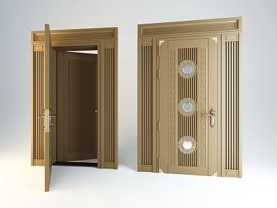 Golden Security Door With Circular Decorations Open And Closed View And Door Frame 3d model