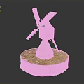 Detailed Wooden Windmill Building Model With Circular Base And Red Door Structure