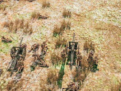 Cartoon Battlefield Scene With Soldiers Artillery And Grassland Terrain 3d model