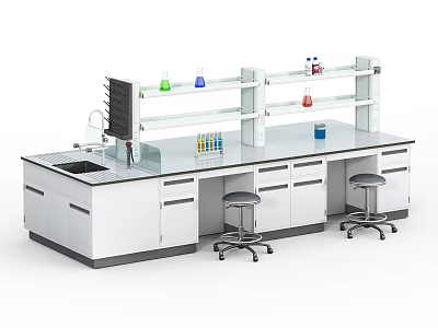 Modern Laboratory With Functional Lab Bench Shelves Lab Bottles And Stools 3d model