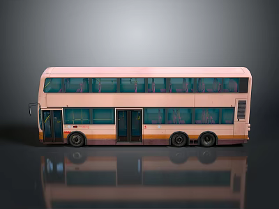 Light Pink Double Decker Bus With Orange Stripe Two Levels Windows And Smooth Surface Reflection 3d model