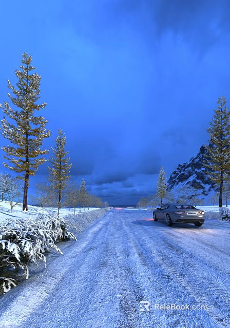 Gorgeous Winter Snow Landscape With Frosted Pine Trees And Car Driving On Icy Mountain Road 3d model 