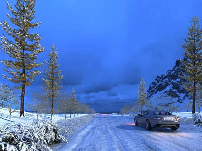 Gorgeous Winter Snow Landscape With Frosted Pine Trees And Car Driving On Icy Mountain Road 3d model
