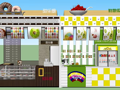 Dessert And Fresh Juice Shop Front With Donuts Fruits And Drinks 3d model