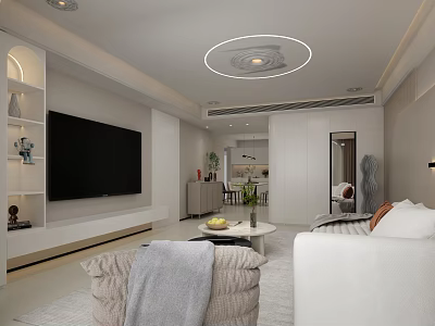 Modern Living Dining Room Open Concept With White Sofa Large TV Round Chandelier And Plants 3d model
