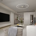 Modern Living Dining Room Open Concept With White Sofa Large TV Round Chandelier And Plants