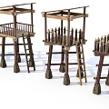 Traditional Wooden Watchtower Structures Featuring Multiple Designs Ladders Railing And Conical Bases 3d model
