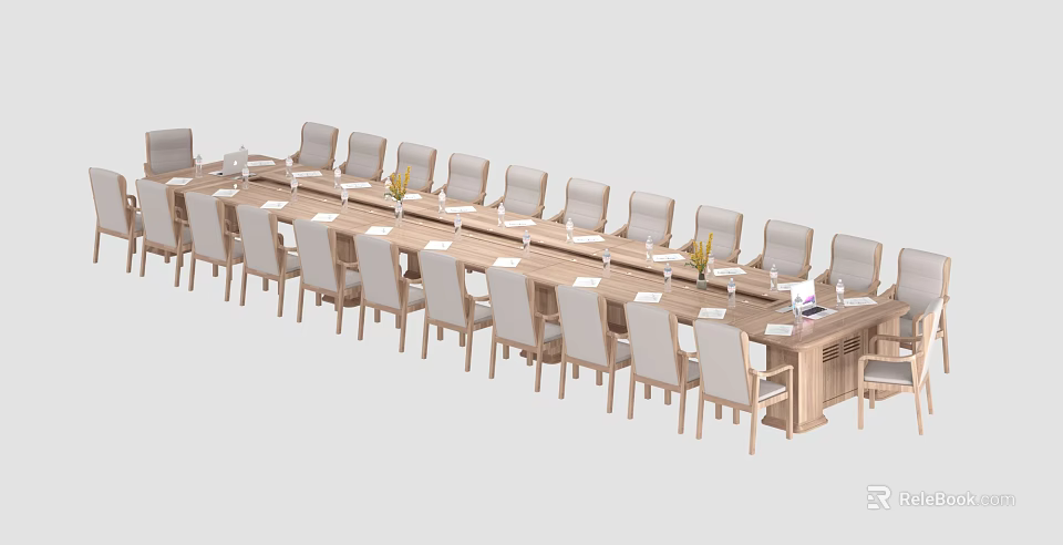 Modern Conference Room Interior Design With Long Wooden Table Multiple Chairs And Decorative Vases 3d model 