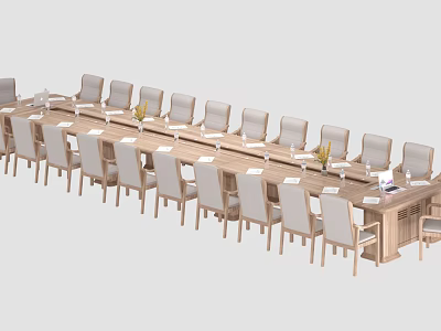 Modern Conference Room Interior Design With Long Wooden Table Multiple Chairs And Decorative Vases 3d model