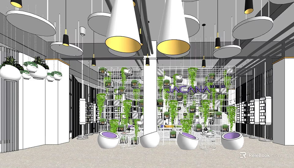 Modern Leisure Area Design With Green Plant Walls Hanging Lights And Round Seats 3d model 