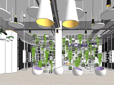 Modern Leisure Area Design With Green Plant Walls Hanging Lights And Round Seats 3d model