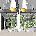 Modern Leisure Area Design With Green Plant Walls Hanging Lights And Round Seats