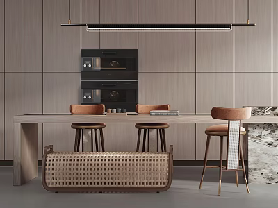 Modern Restaurant Interior With Long Wooden Table Brown Bar Stools Woven Basket And Pendant Lights 3d model