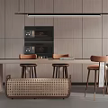 Modern Restaurant Interior With Long Wooden Table Brown Bar Stools Woven Basket And Pendant Lights
