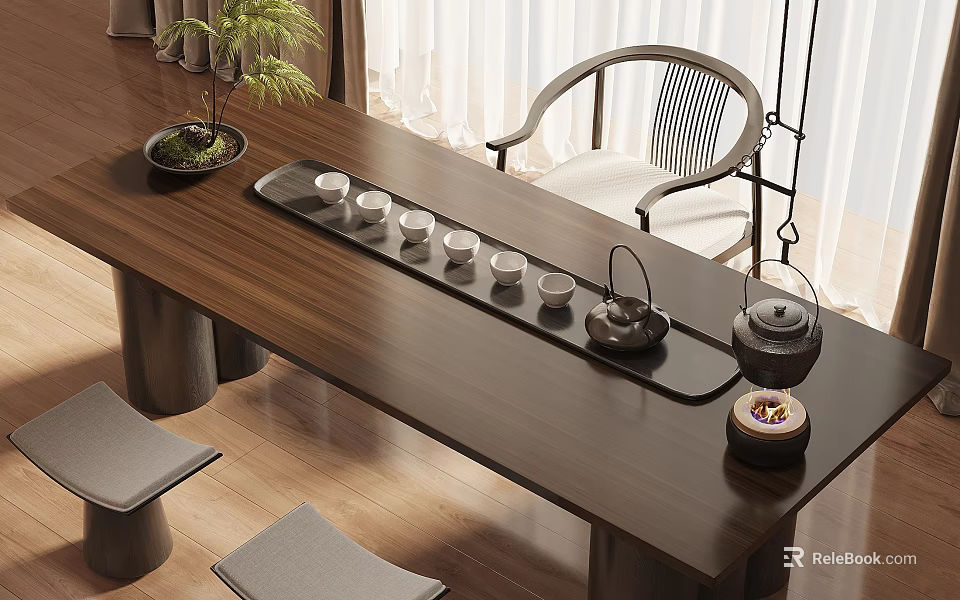 Modern Chinese Style Wooden Tea Table and Chairs with Teapot Tea Cups and Small Plant 3d model 