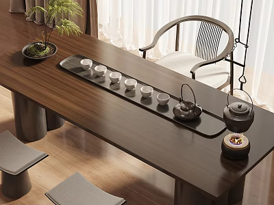 Modern Chinese Style Wooden Tea Table and Chairs with Teapot Tea Cups and Small Plant 3d model