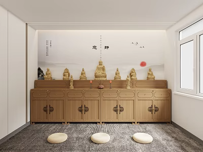 Buddhist Worship Room With Wooden Cabinets Golden Buddha Statues And Round Cushions 3d model