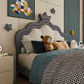 Cozy Kids Bed with Crown Headboard Colorful Wall Art Star Decorations and Stuffed Toys