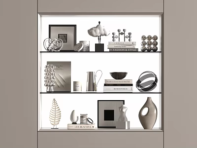 Decorative Ornament Combination on Glass Display Shelf with Framed Photo Cloud Ornament Books and Vase 3d model