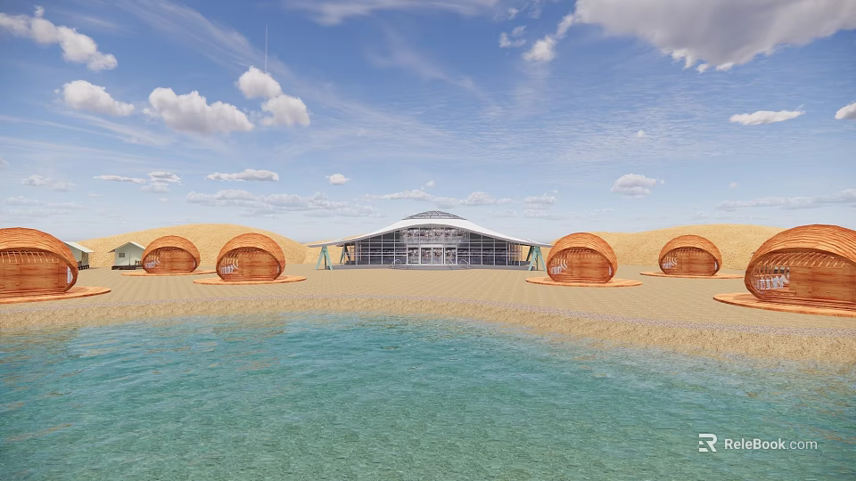 Seaside Beach With Circular Wooden Domes Modern Building And Blue Water Under Blue Sky 3d model 