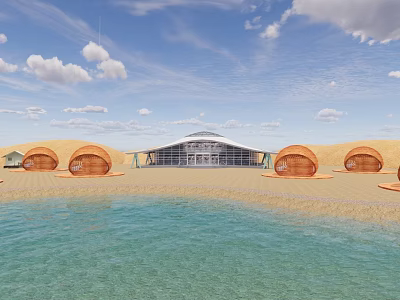 Seaside Beach With Circular Wooden Domes Modern Building And Blue Water Under Blue Sky 3d model