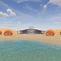 Seaside Beach With Circular Wooden Domes Modern Building And Blue Water Under Blue Sky