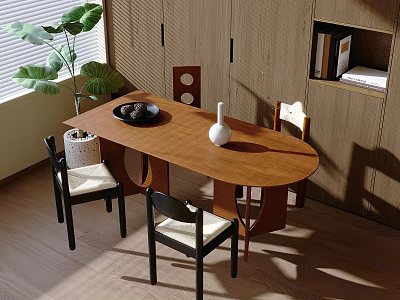 Modern Wooden Oval Table and Chair Set with Black Frame Chairs and Green Plant 3d model