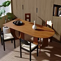 Modern Wooden Oval Table and Chair Set with Black Frame Chairs and Green Plant