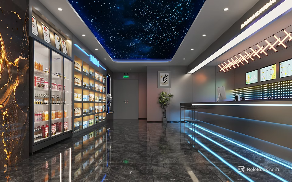 Modern Cybercafe Interior With Starry Sky Ceiling And Beverage Displays 3d model