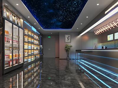 Modern Cybercafe Interior With Starry Sky Ceiling And Beverage Displays 3d model