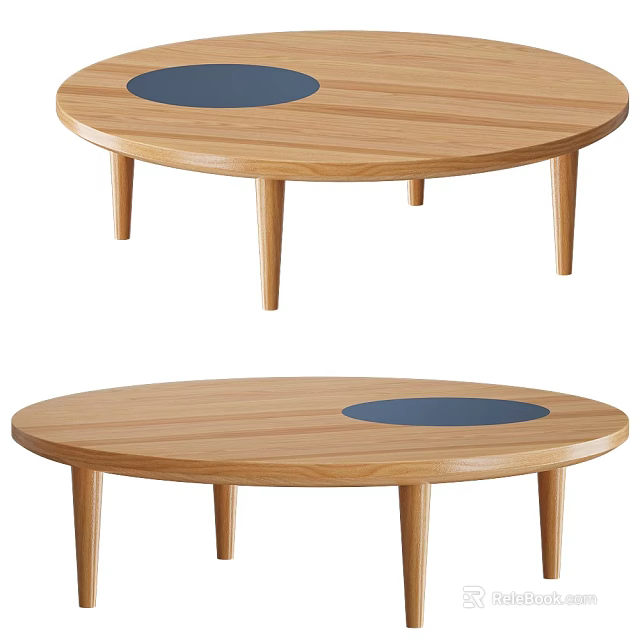 Wooden Outdoor Table with Round Oval Shape Blue Circular Inlay and Slender Legs 3d model 