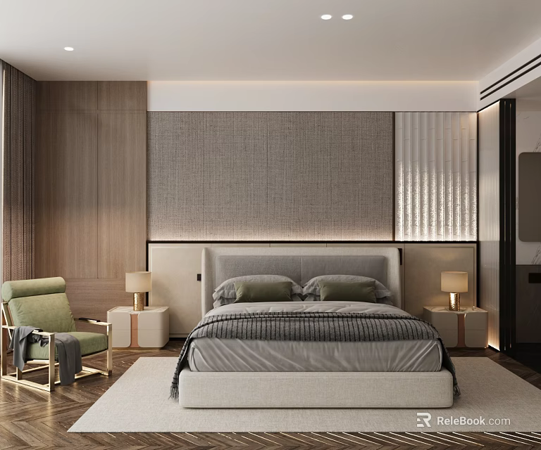 Modern Hotel Guest Room With Bed Gray Headboard Green Armchair Wooden Walls And Nightstand Lamps 3d model 