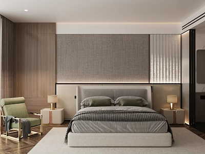 Modern Hotel Guest Room With Bed Gray Headboard Green Armchair Wooden Walls And Nightstand Lamps 3d model
