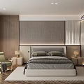 Modern Hotel Guest Room With Bed Gray Headboard Green Armchair Wooden Walls And Nightstand Lamps