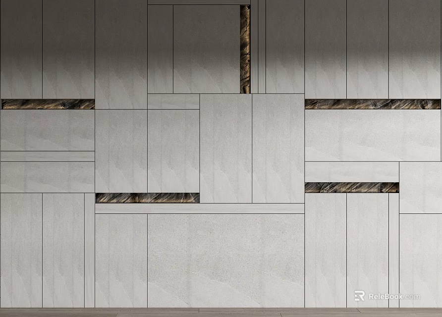 Modern Gray Feature Wall With Various Sized Rectangular Blocks And Dark Embedded Stripes 3d model