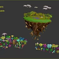 Cartoon Scene With Floating Island Green Grass Trees Purple Clouds And Colorful Mushrooms