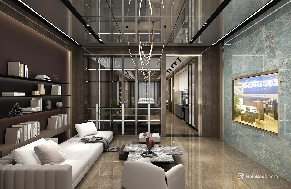 Modern Boutique Store Interior With White Sofas Coffee Table Bookshelves Glass Partitions And Chandeliers 3d model 