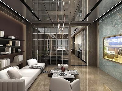 Modern Boutique Store Interior With White Sofas Coffee Table Bookshelves Glass Partitions And Chandeliers 3d model