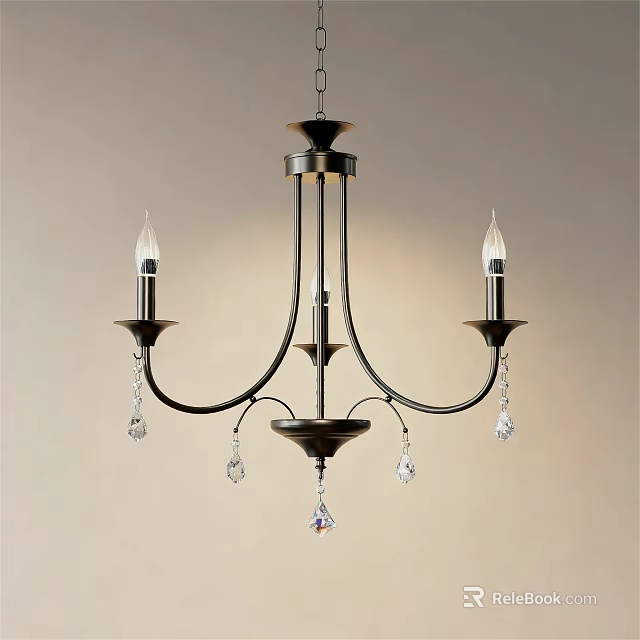 Elegant Classic Black Metal Candle Style Chandelier With Hanging Crystal Pendants 3d model 