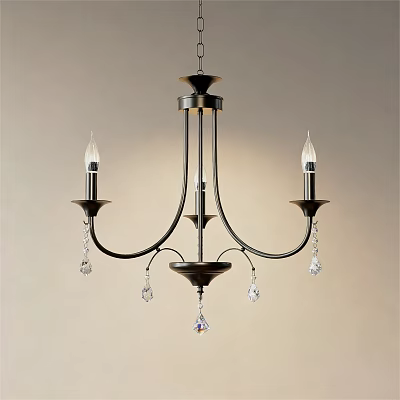 Elegant Classic Black Metal Candle Style Chandelier With Hanging Crystal Pendants 3d model