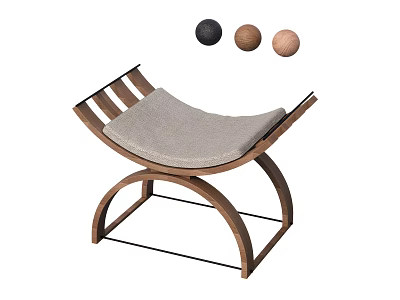 Light Gray Upholstered Wooden Stool With Curved Legs And Black Brown Wooden Balls Above 3d model