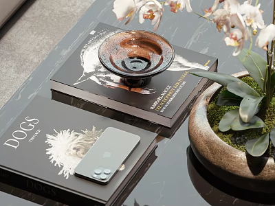 Stylish Coffee Table Books With Dogs Cover Decorative Bowl Smartphone And Orchid Plant 3d model