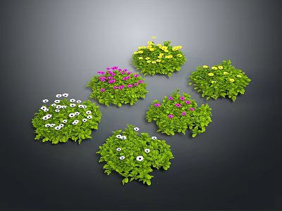 Vibrant Flower Bushes With White Pink Yellow Flowers And Green Leaves On Dark Background 3d model