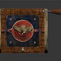 Vintage Electrical Appliance Featuring Red Body Golden Eagle And Blue Red Wheels On Wooden Base