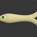 Golden Fish Sculpture With Green Eye And Scaly Texture On Reflective Surface