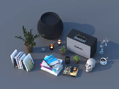 Essential Daily Living Items Including Books Potted Plant Candles Speaker Woven Vase Coffee Cup 3d model