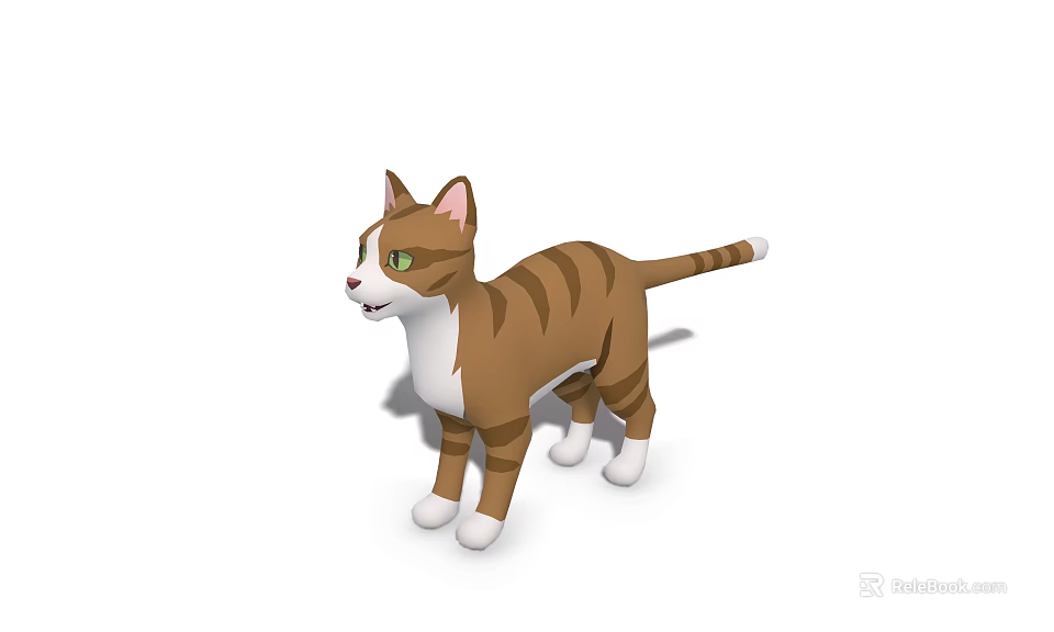 Brown And White Striped Cat With Green Eyes In Standing 3D Model Pose 3d model 
