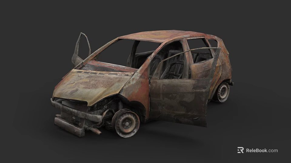 Rusted Abandoned Car with Open Doors and Damaged Exterior in Deteriorated Condition 3d model 